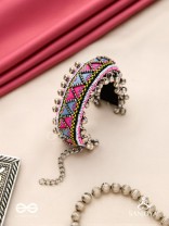 Prashman - The Soothing Landscape - Beads And Resham Hand Embroidered Oxidised Cuff Bracelet