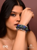 Padmacharini - The Divine Orchids - Resham And Beads Hand Embroidered Oxidised Cuff Bracelet