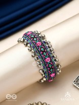 Ragapushpi - The Rosy Night - Resham And Beads Hand Embroidered Oxidised Cuff Bracelet