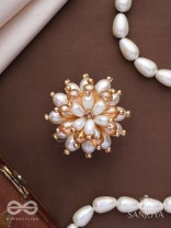 Svapnakalka - The Ivory Dream - Beads, Pearl And Glass Drops Hand Embroidered Ring (Adjustable)