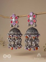 Punyodyan - The Shell Shalimar - Beads, Shells And Glass Drops Hand Embroidered Oxidised Jhumka Earrings