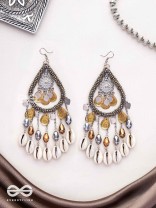 The Singing Shore - Shells, Beads And Glass Drops Hand Embroidered Oxidised Earrings