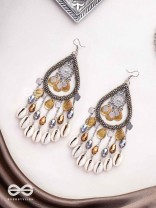 The Singing Shore - Shells, Beads And Glass Drops Hand Embroidered Oxidised Earrings