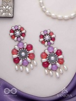 Laagnritt - Waltz Of The Flowers - Beads And Pearl Drops Hand Embroidered Oxidised Earrings