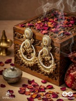Suvarnkantika – Golden radiance – Gold toned, Kundan embellished earrings with pearl and bead danglers