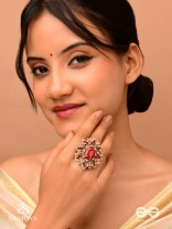 PRABHA - THE RADIANT RED DAISY - EMBROIDERED FLOWER DESIGN WITH CENTRAL RED STONE AND BEADS 