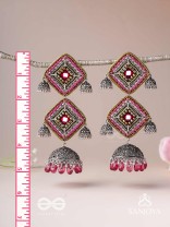 VISHRUTA-CELEBRATED ELEGANCE-STATEMENT OXIDISED JHUMKAS WITH MIRROR, BEADS AND THREAD WORK