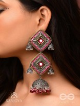 VISHRUTA-CELEBRATED ELEGANCE-STATEMENT OXIDISED JHUMKAS WITH MIRROR, BEADS AND THREAD WORK