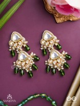 Kundalāṅgī-Kundan Elegance- Traditional pearl and Kundan earrings adorned with beads, stones, and green danglers for a regal touch.