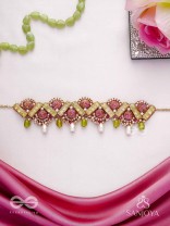 Manimekhala-Bejewelled Girdle-Choker adorned with pink and gold gemstones, beads and delicate pearl drops.