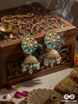 Sphārikā- Crystal Radiance-Jhumka earrings adorned with diamond shaped stones,beads and pearls of golden, white and turquoise accents