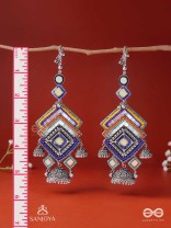Pratibimbā-Reflective Jhumka-Brick stitch pattern earrings with geometric mirror inlays, thread work and jhumkas.
