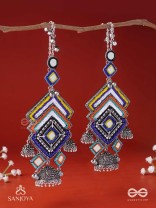 Pratibimbā-Reflective Jhumka-Brick stitch pattern earrings with geometric mirror inlays, thread work and jhumkas.