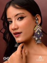 Pratibimbā-Reflective Jhumka-Brick stitch pattern earrings with geometric mirror inlays, thread work and jhumkas.
