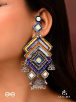 Pratibimbā-Reflective Jhumka-Brick stitch pattern earrings with geometric mirror inlays, thread work and jhumkas.
