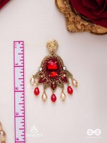 RAKTAVARNA-RED HUE HAND-EMBROIDERED EARRINGS IN RED AND GOLD TONES, FEATURING STONES, GLASS BEADS, AND INTRICATE RESHAM THREAD WORK