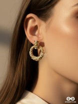 TWISTED GLOW- 18K GOLD PLATED ANTI-TARNISH GOLDEN TEXTURED LUXURY EARRINGS INLAID WITH CUBIC ZICRONIA STONES