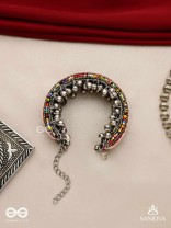 SHAKHAABANDHA- BRANCH BIND- OXIDIZED HAND EMBROIDERED BRACELET, THREAD WORK ACCENTED WITH GHUNGROO AND BEADS