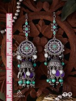 RATNA TILAKA-JEWEL ADORNMENT- EARRINGS ENAMELLED IN SHADES OF BLUE AND BLACK, ACCENTED WITH GHUNGROO BEADS AND OXIDIZED JHUMKI