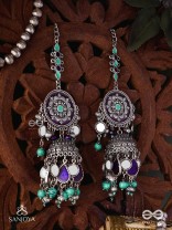 RATNA TILAKA-JEWEL ADORNMENT- EARRINGS ENAMELLED IN SHADES OF BLUE AND BLACK, ACCENTED WITH GHUNGROO BEADS AND OXIDIZED JHUMKI