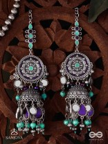 RATNA TILAKA-JEWEL ADORNMENT- EARRINGS ENAMELLED IN SHADES OF BLUE AND BLACK, ACCENTED WITH GHUNGROO BEADS AND OXIDIZED JHUMKI