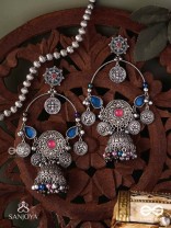 SHUBHRAVILASA- RADIANT GRACE- SILVER TONED EARRINGS, CIRCULAR MOTIFS ADORNED WITH GHUNGROOS AND JHUMKA