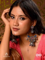 SHUBHRAVILASA- RADIANT GRACE- SILVER TONED EARRINGS, CIRCULAR MOTIFS ADORNED WITH GHUNGROOS AND JHUMKA