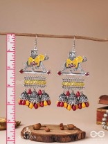  SAMPURNAMANI-COMPLETE JEWEL- ELEPHANT MOTIF EARRINGS ENAMELLED WITH SILVER-TONED METAL, FEATURING JHUMKA AND STONE EMBELLISHMENTS