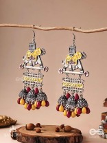  SAMPURNAMANI-COMPLETE JEWEL- ELEPHANT MOTIF EARRINGS ENAMELLED WITH SILVER-TONED METAL, FEATURING JHUMKA AND STONE EMBELLISHMENTS