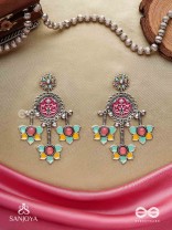  SHAHIPUSHP- ROYAL BLOSSOM- ENAMELLED EARRINGS WITH MULTI COLOURED STONES SET IN SILVER TONED METAL