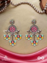  SHAHIPUSHP- ROYAL BLOSSOM- ENAMELLED EARRINGS WITH MULTI COLOURED STONES SET IN SILVER TONED METAL