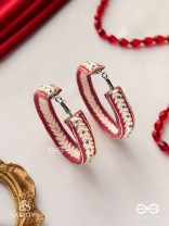Vasantiruchi- Spring Charm- Embroidered earrings with red and white threads, decorated with beads and gold accents
