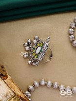 Moss Canopy-  Enamelled Oxidized Adjustable ring  with ghungroos and mirror.