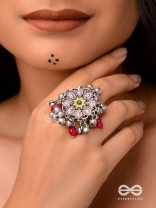 Autumn Leaf Ring-  Enamelled Adjustable Oxidized Beaded Ring