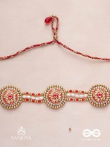 KUSUMAVALI - ROW OF FLOWERS - GOLDEN CIRCLES, PEARLS, RED DROPS AND KUNDAN HAND EMBROIDERED MATHAPATTI