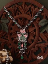 MAYURA MAALA- PECOCK NECKLACE: ENAMELLED OXIDISED NECKLACE WITH GHUNGROO AND BEADS