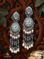 NEELKAMALA – BLUE LOTUS OXIDIZED EARRINGS WITH BLUE BEADS AND INTRICATE WORK, ADORNED WITH PEARLS & GHUNGROO'S
