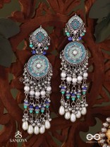 NEELKAMALA – BLUE LOTUS OXIDIZED EARRINGS WITH BLUE BEADS AND INTRICATE WORK, ADORNED WITH PEARLS & GHUNGROO'S