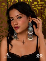 NEELKAMALA – BLUE LOTUS OXIDIZED EARRINGS WITH BLUE BEADS AND INTRICATE WORK, ADORNED WITH PEARLS & GHUNGROO'S