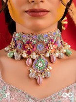 RANGOLIKA - A CANVAS OF COLORS - ENAMEL FLORALS, PEARLS AND BEADS HAND EMBROIDERD CHOKER NECKLACE