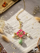 RANGOLIKA - A CANVAS OF COLORS - ENAMEL FLOWER, PEARLS AND GLASS DROPS  HAND EMBROIDERD MAANGTIKA 