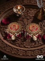 KUSUMAVALI - ROW OF FLOWERS - STONES, PEARLS AND RED BEADS KUNDAN HAND EMBROIDERED EARRINGS