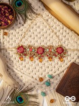 GULRATNA - JEWEL OF ROSES - HANDCRAFTED ROSE CHOKER WITH BEADED FRINGES, PEARLS AND GEM DETAILS