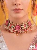 GULRATNA - JEWEL OF ROSES - HANDCRAFTED ROSE CHOKER WITH BEADED FRINGES, PEARLS AND GEM DETAILS