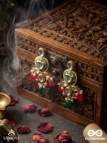 KIRANMALA – GARLAND OF RAYS- EXQUISITE ENAMELLED KUNDAN EARRINGS WITH MULTICOLORED DROPS AND PEARLS