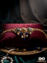 NILACHANDRIKA- MOONLIGHT OF THE BLUE SKY- KUNDAN NECKLACE WITH DEEP BLUE ENAMEL WORK WITH GOLDEN DETAILS, PEARLS, AND DAZZLING GEMS