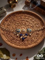 NILACHANDRIKA- MOONLIGHT OF THE BLUE SKY- KUNDAN NECKLACE WITH DEEP BLUE ENAMEL WORK WITH GOLDEN DETAILS, PEARLS, AND DAZZLING GEMS