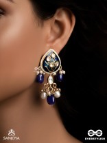 NILACHANDRIKA- MOONLIGHT OF THE BLUE SKY- KUNDAN EARRINGS WITH DEEP BLUE ENAMEL WORK WITH GOLDEN DETAILS, PEARLS, AND DAZZLING GEMS