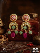 SHONAPRABHA- RADIANCE OF GOLD AND RED- HANDCRAFTED KUNDAN EARRINGS  WITH GOLDEN MOONS AND RED BEADS