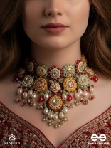 VIBHAVARI - NIGHT FULL OF SPLENDOR - MULTI-COLOR ENAMELLED KUNDAN NECKLACE WITH PEARLS AND BEADS